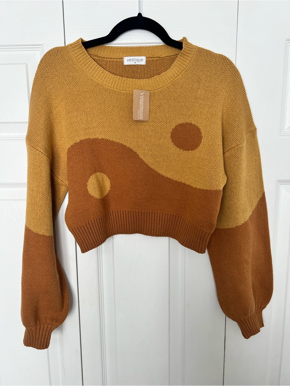Vestique Yin Yang Mustard & Rust Two-Tone color block Cropped Crewneck Sweater